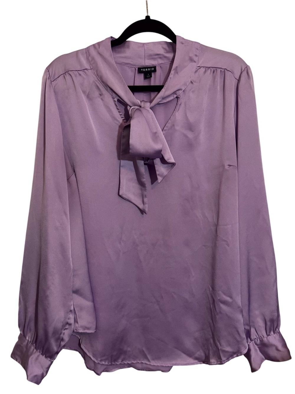 Torrid Size 1X Purple Front Tie Bow Long Sleeve Top Blouse City Preppy Satin